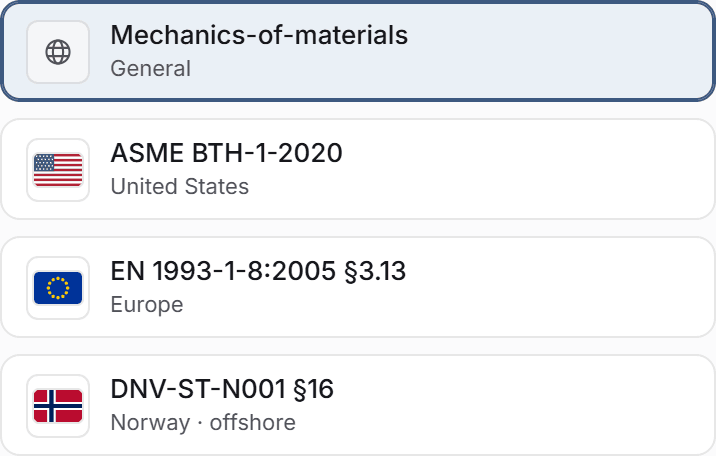 The methodology selector in the lifting lug calculator, on this article's inputs. The selected route decides the primary utilisations; the other three are still computed and printed alongside as a cross-check, which is where the 144 percent in the table above comes from.