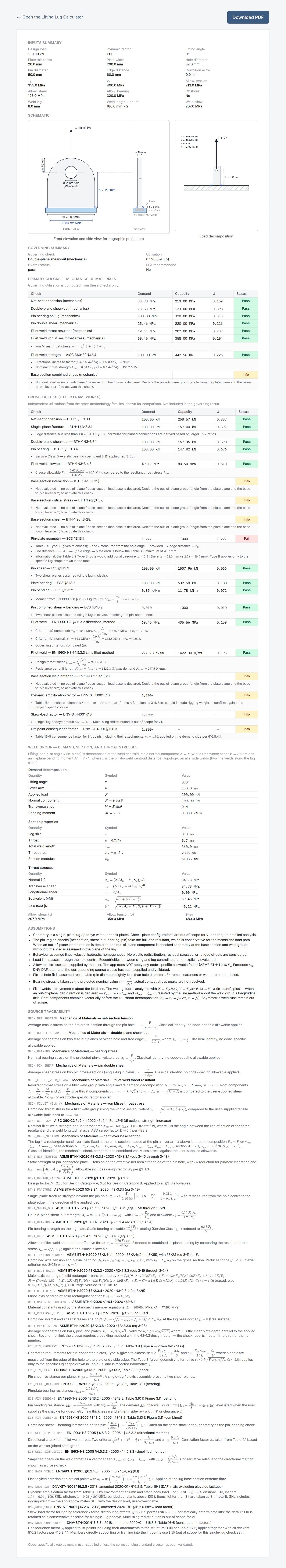 A Xarpis calculation report for a lifting lug, scrolling from the design basis through every check, its sources and assumptions.